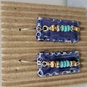 New Attractive Blue Ceramic and Turquoise Beads Dangle Earrings Mixed Metals